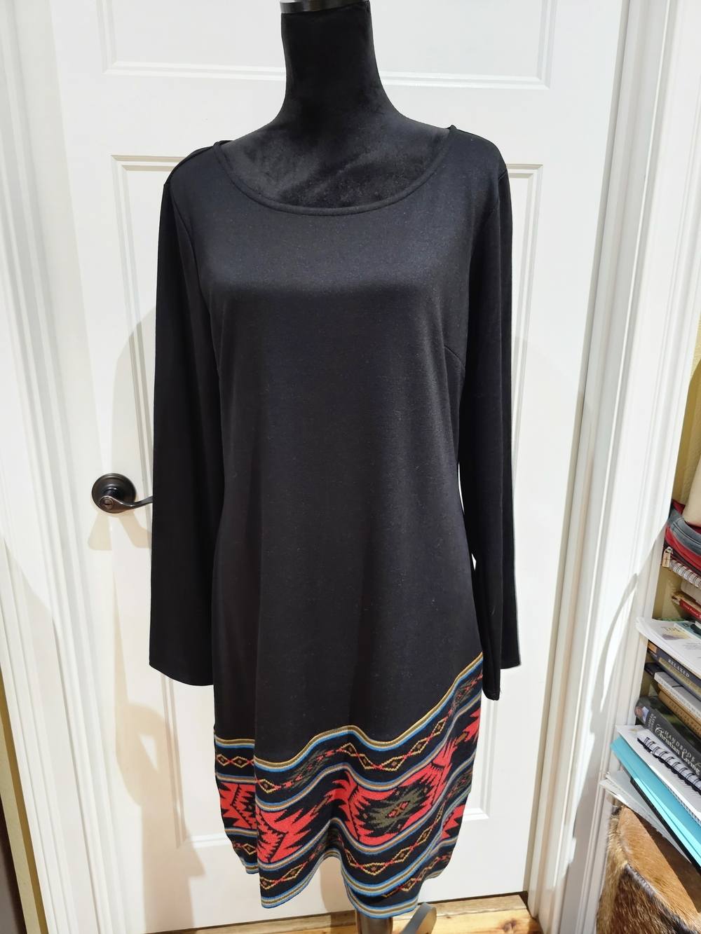 Spense Black Midi Dress with Red & Blue Tribal Sweater Hem